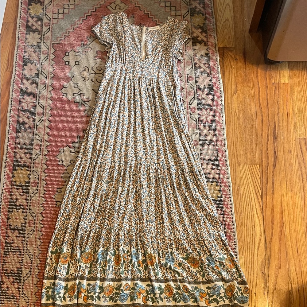 NATURAL LIFE Cream Maxi Dress with Green and Mustard Floral Border